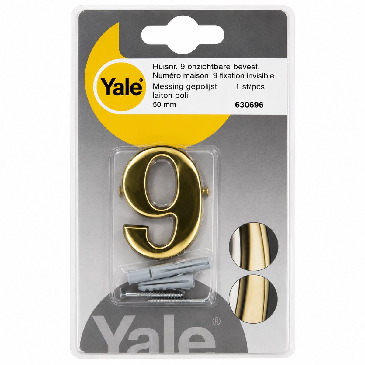 Huisnummer 9 yale messing gepolijst 50 mm 630696