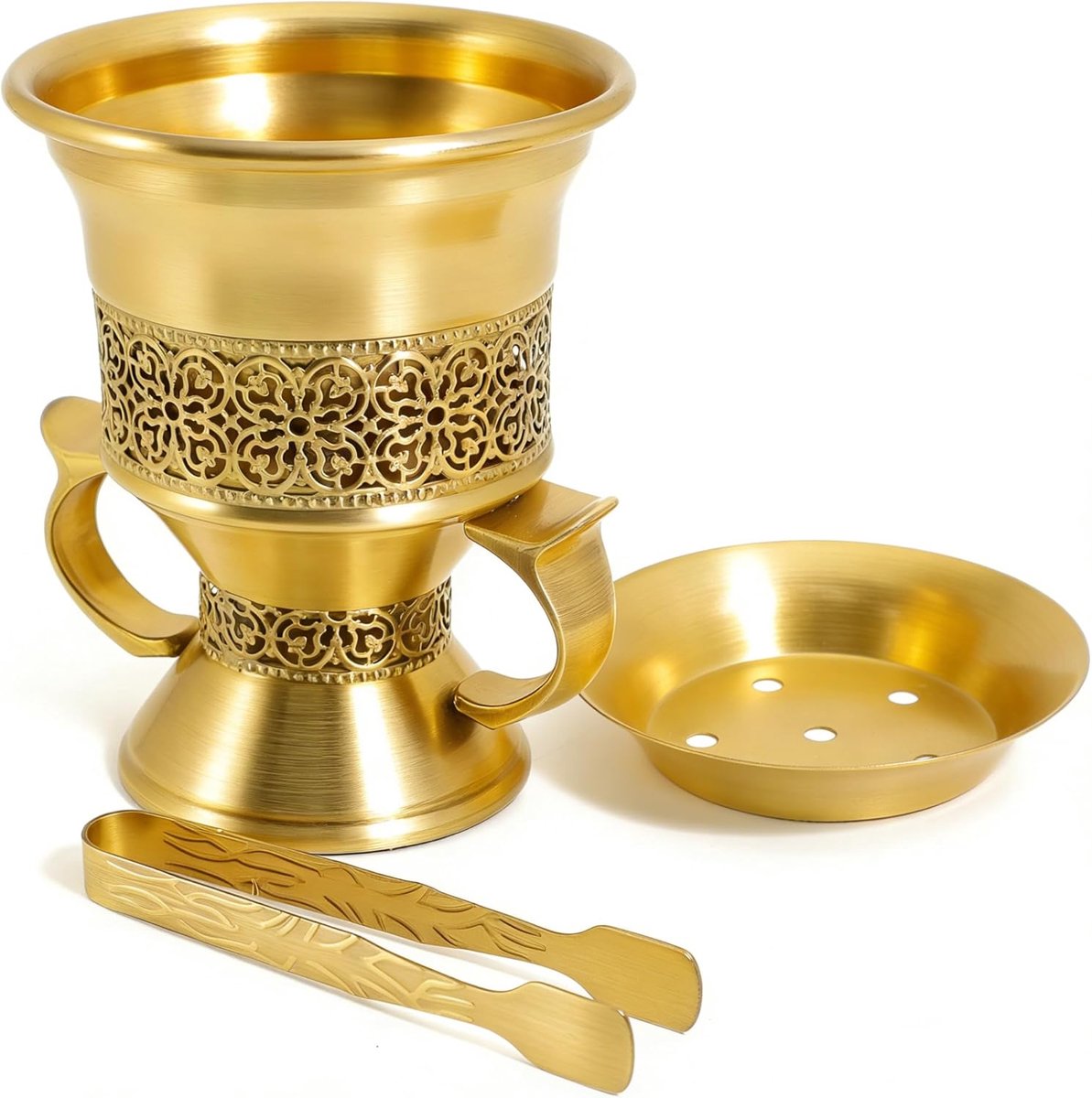 SnelShoppen - Classic Incense Burner met Tangen, 11.5cm Retro Geurbrander voor Hars, Houtskool, Witte Salie en Cones, Elegante Gouden Incense Houder v