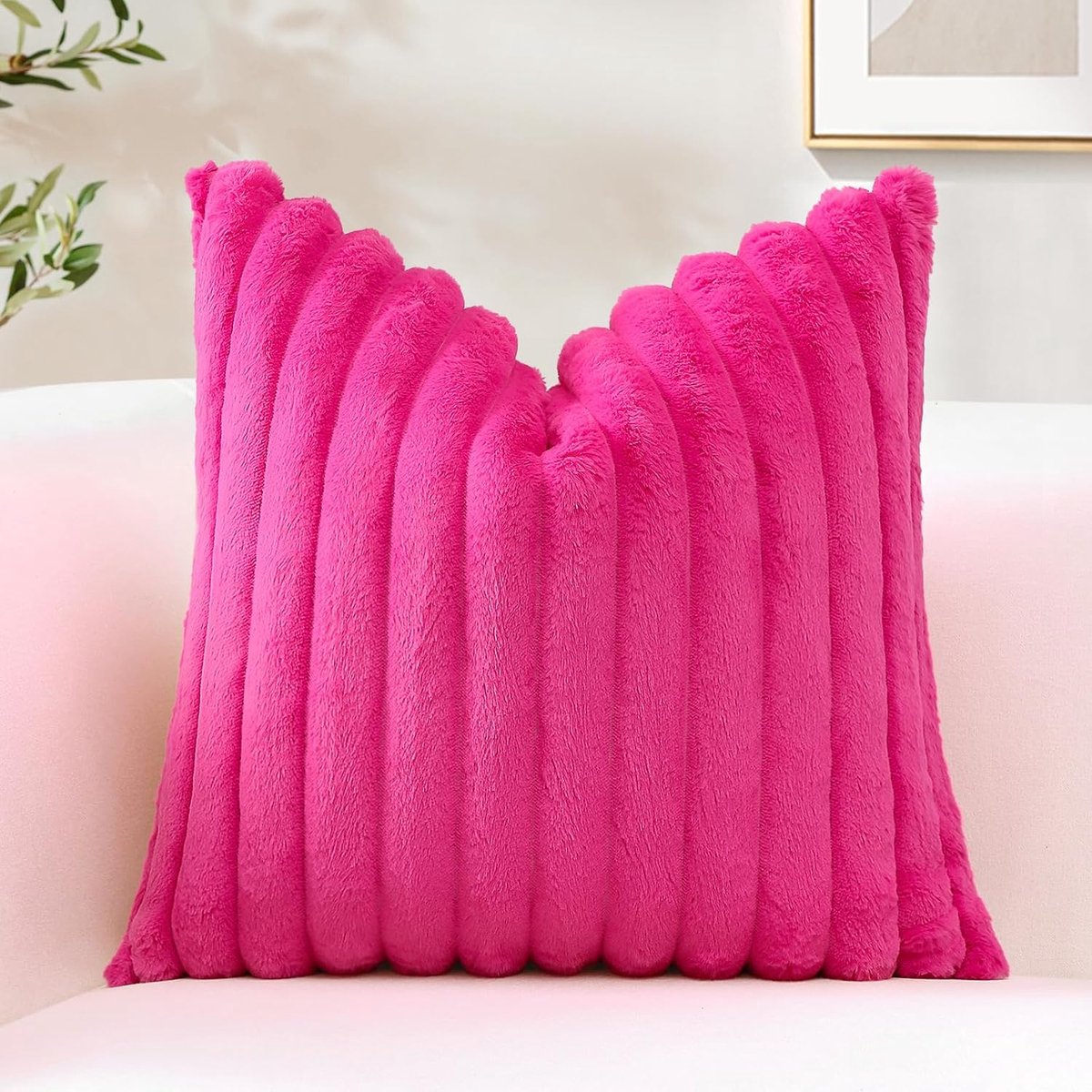 SnelShoppen - Hot Pink Imitatie Konijnenbont Kussenhoes 50x50cm - Zachte Pluche Gestreepte Decoratieve Sierkussen Covers voor Bank en Slaapkamer - 20x