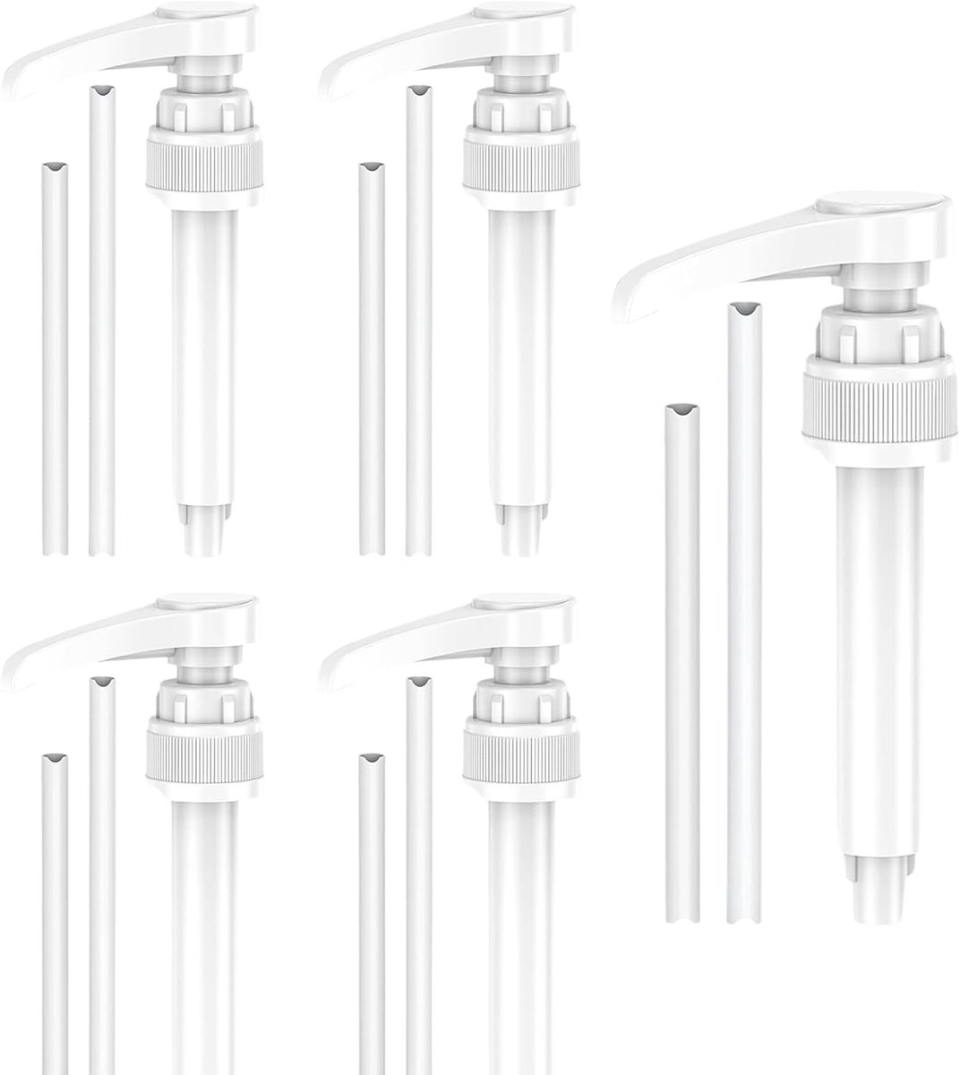 SnelShoppen - Pack van 5 Syrup Dispenser, Dosing Pump voor 500ml en 1000ml Flessen, Herbruikbare Pomp Dispenser met Lange en Korte Slangen, Wit