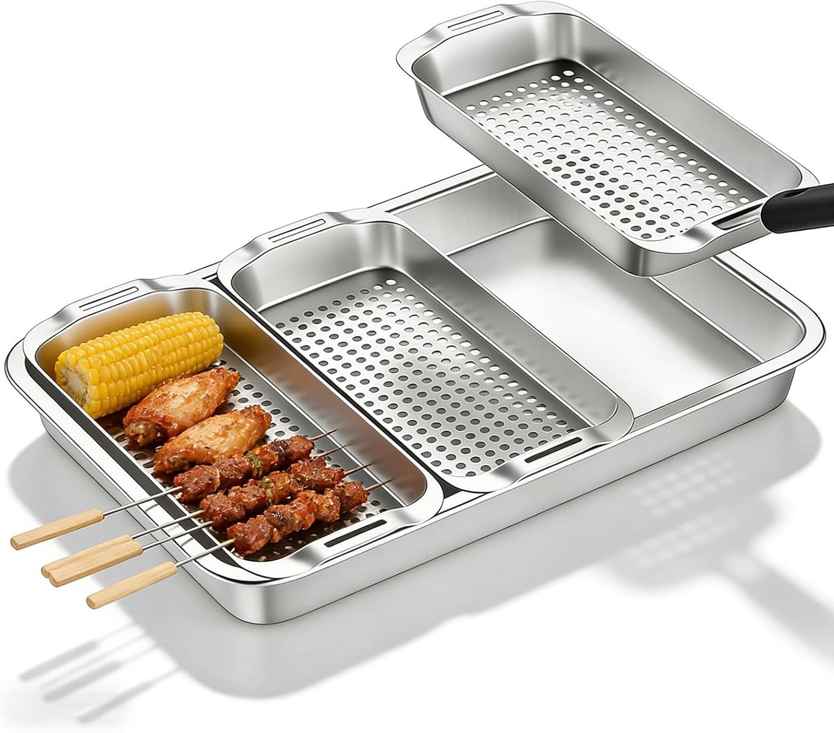 SnelShoppen - 5-delige Grillmand Set, RVS Grillbakken voor BBQ, Grillpan met Gaten voor Groenten, Vlees, Garnalen en Kaas, Geschikt voor Gasgrill, Tui