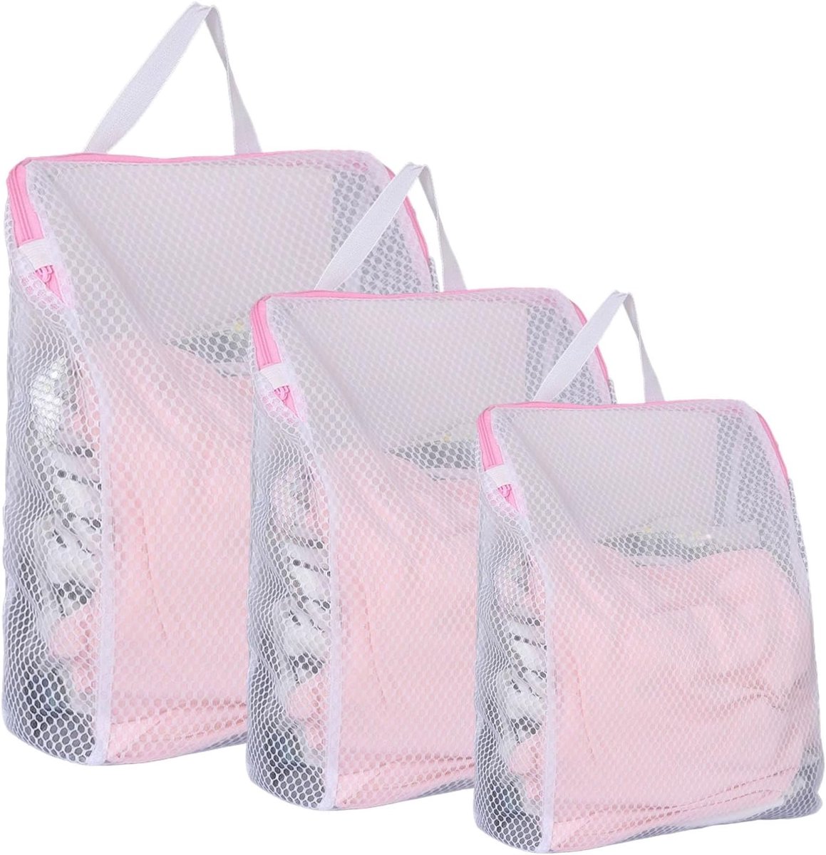 SnelShoppen - 3pcs Waszakken Reisbureau Waszak met Handvatten Herbruikbare Wasnetten voor Gevoelige Onderkleding, Panties, Truien, Sjaals - Roze, Dive