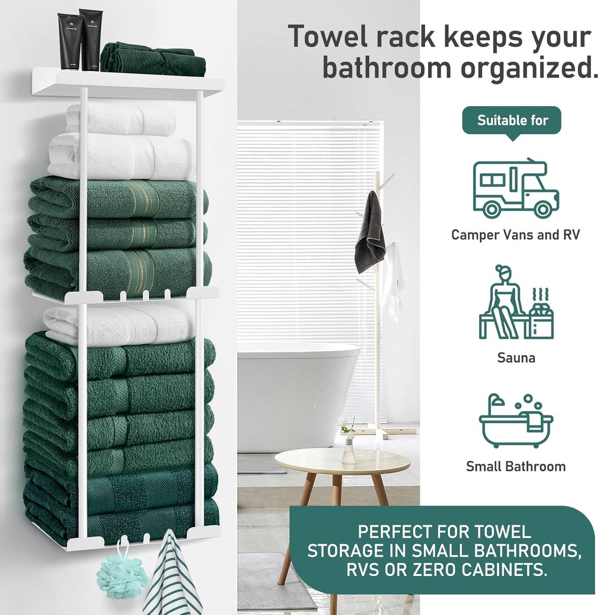 SnelShoppen - Towel Holder Without Drilling - XL Towel Rail met Hooks - Flexibele Towel Storage voor Badkamer - Modern Accessoire - Wit 2