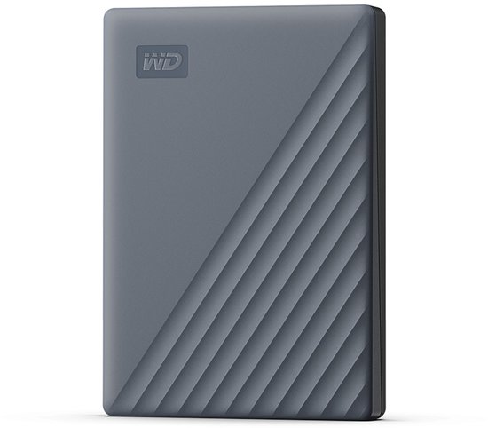 Grijze externe harde schijf met WD logo en diagonale lijnen, op witte achtergrond.