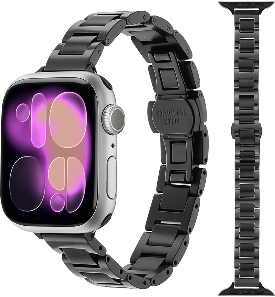 Stravo Slank RVS Horlogebandje – Elegant Dames Sieraadbandje met Vlindersluiting – Geschikt voor Apple Watch 42mm (Series 11/10), 41mm (Series 9/8/7), 40mm (Series 6/5/4, SE 3/2/1), 38mm (Series 3/2/1) – Zwart