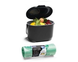 Compost Caddy 2,5 liter - keuken afvalbakje - B24,5/D17,5/H18 - GFT afvalbakje - losse binnenemmer - rol biologische zakjes - zwart / grijs