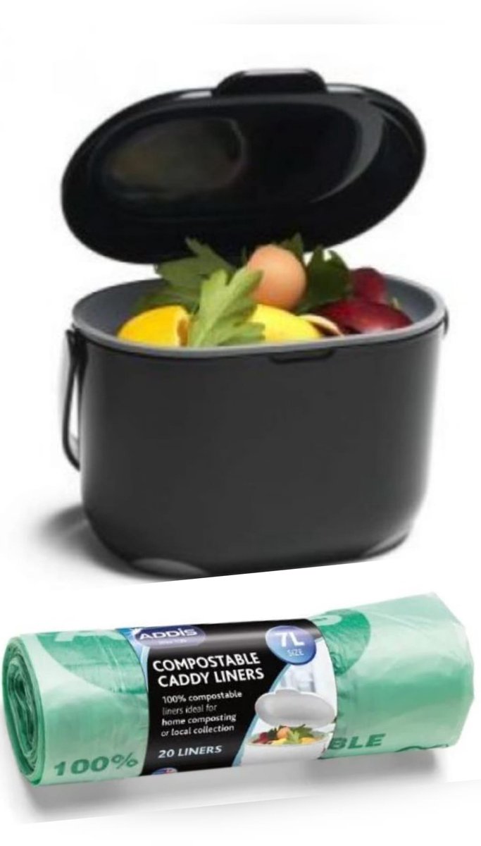 Compost Caddy-GFT afvalbakje - losse binnenemmer - zwart / grijs - met rol biologisch afbreekbare zakjes