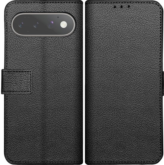 Zwarte book case voor smartphone, met een textuur en magnetische sluiting. De camera-uitsparing is zichtbaar.