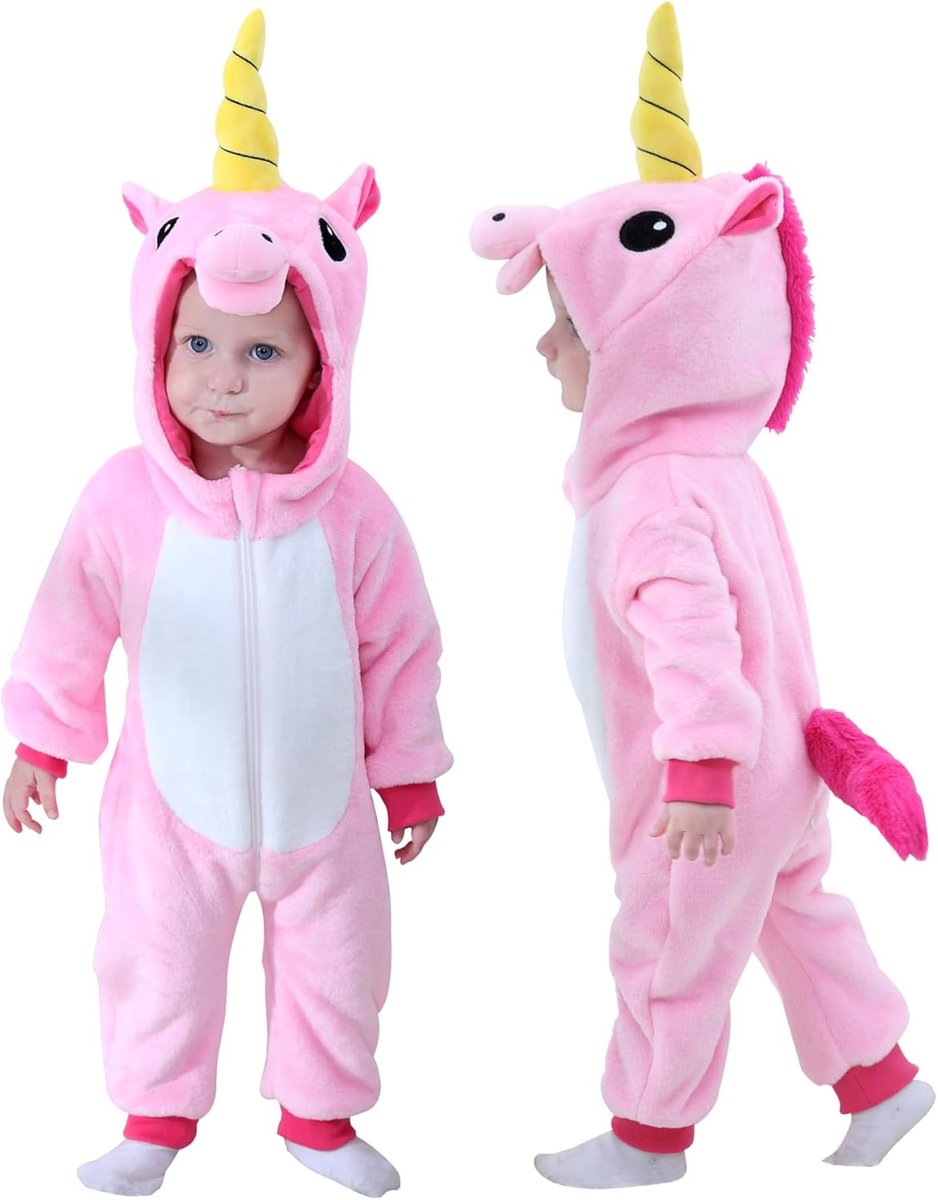 SnelShoppen - Rompers Onesies Jumpsuits met Capuchon Dierenprint voor Baby Meisjes en Jongens - Roze Eenhoorn, 3-4 Jaar - Perfect voor Herfst en Winte