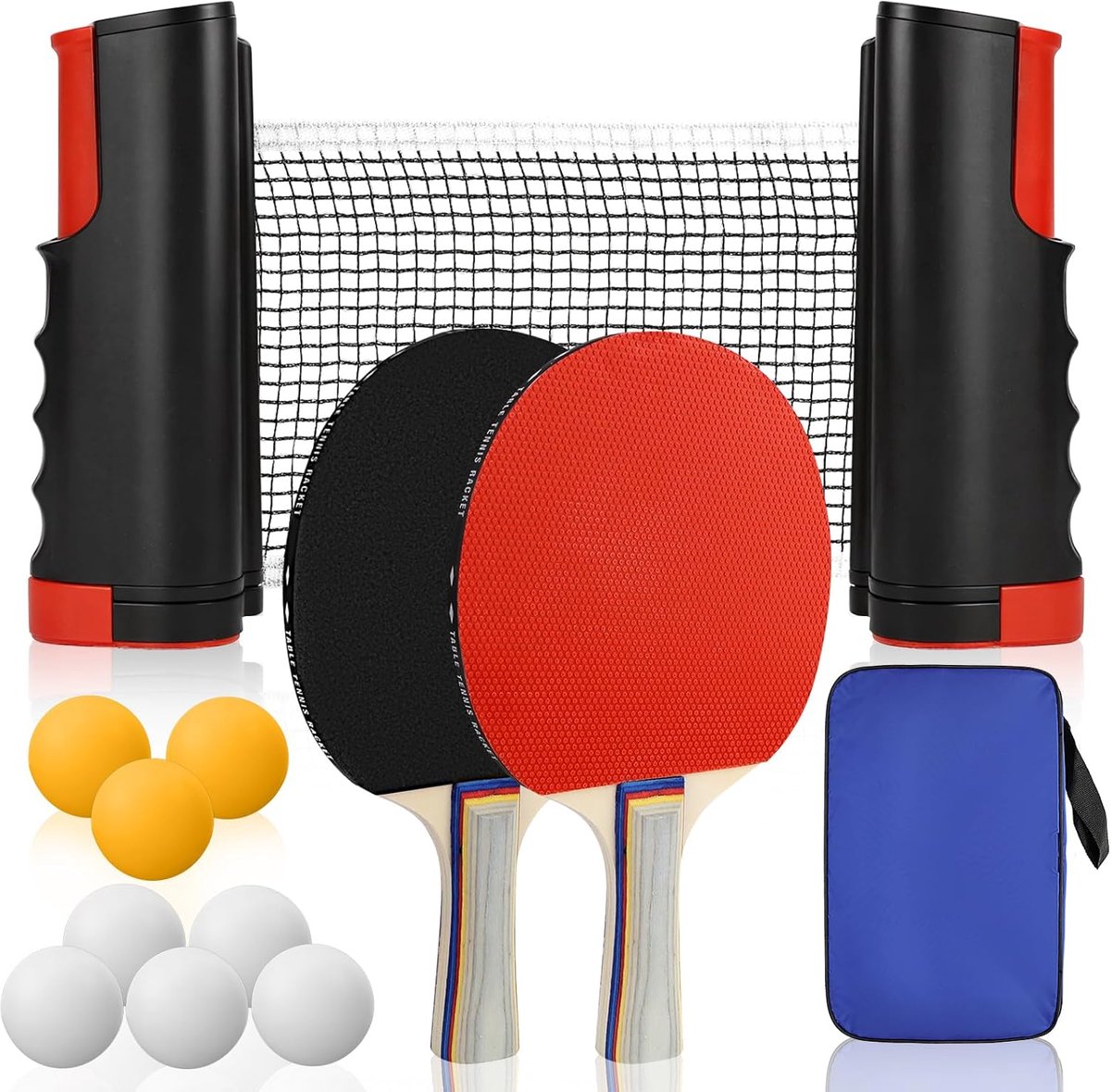 SnelShoppen - Tafeltennis-set met Intrekbaar Net - 2 Tafeltennisbatjes, 6 Tafeltennisballen, Draagtas, Ideaal voor Kinderen, Volwassenen en Gezinnen