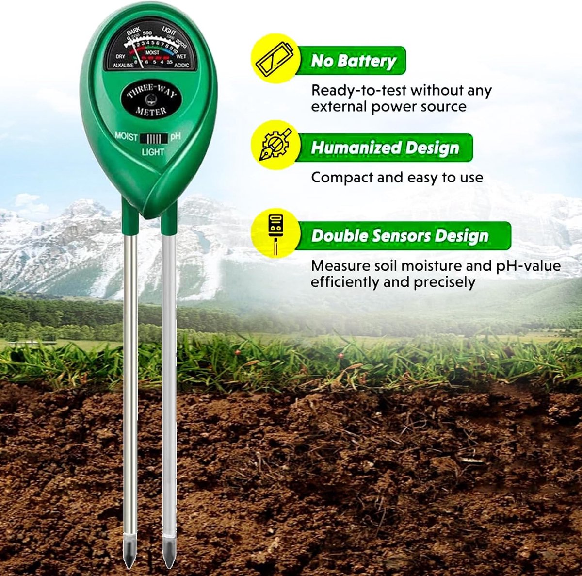 SnelShoppen - 3-in-1 Bodemtester, Vochtmeter voor Tuin, Potgrond, PH Meter, Bodemvochtigheidsmeter zonder Batterijen, Geschikt voor Gazon, Boerderij,