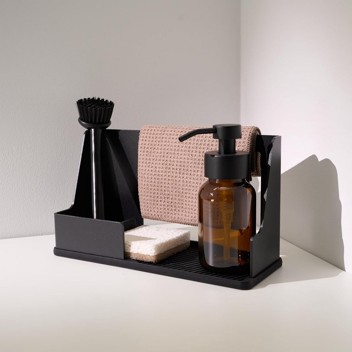 SnelShoppen - Design Küchencaddy Gootsteenorganizer met Afdruiprek, Sponshouder en Organizer voor Afwasmiddel, Modern Zwart, Siliconen Bodem, Keukenac