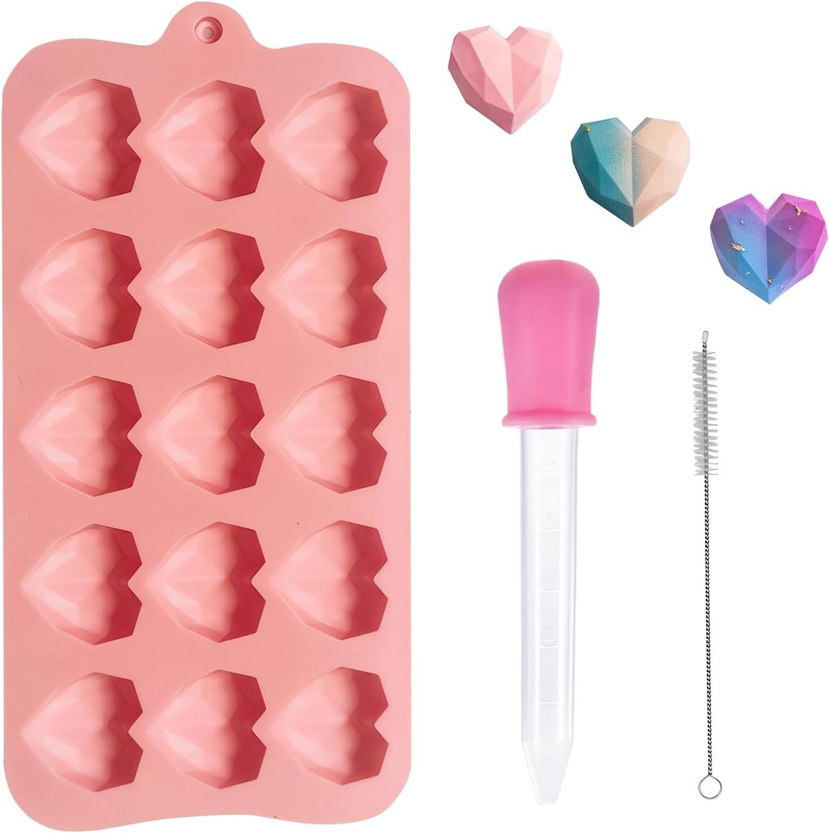 SnelShoppen - Hartvormige Chocoladevormen, Siliconen Mal voor Cake, 15 Mini-Hartjes, Herbruikbare en Flexibele Vormen, Voedselveilig, Roze, Perfect vo