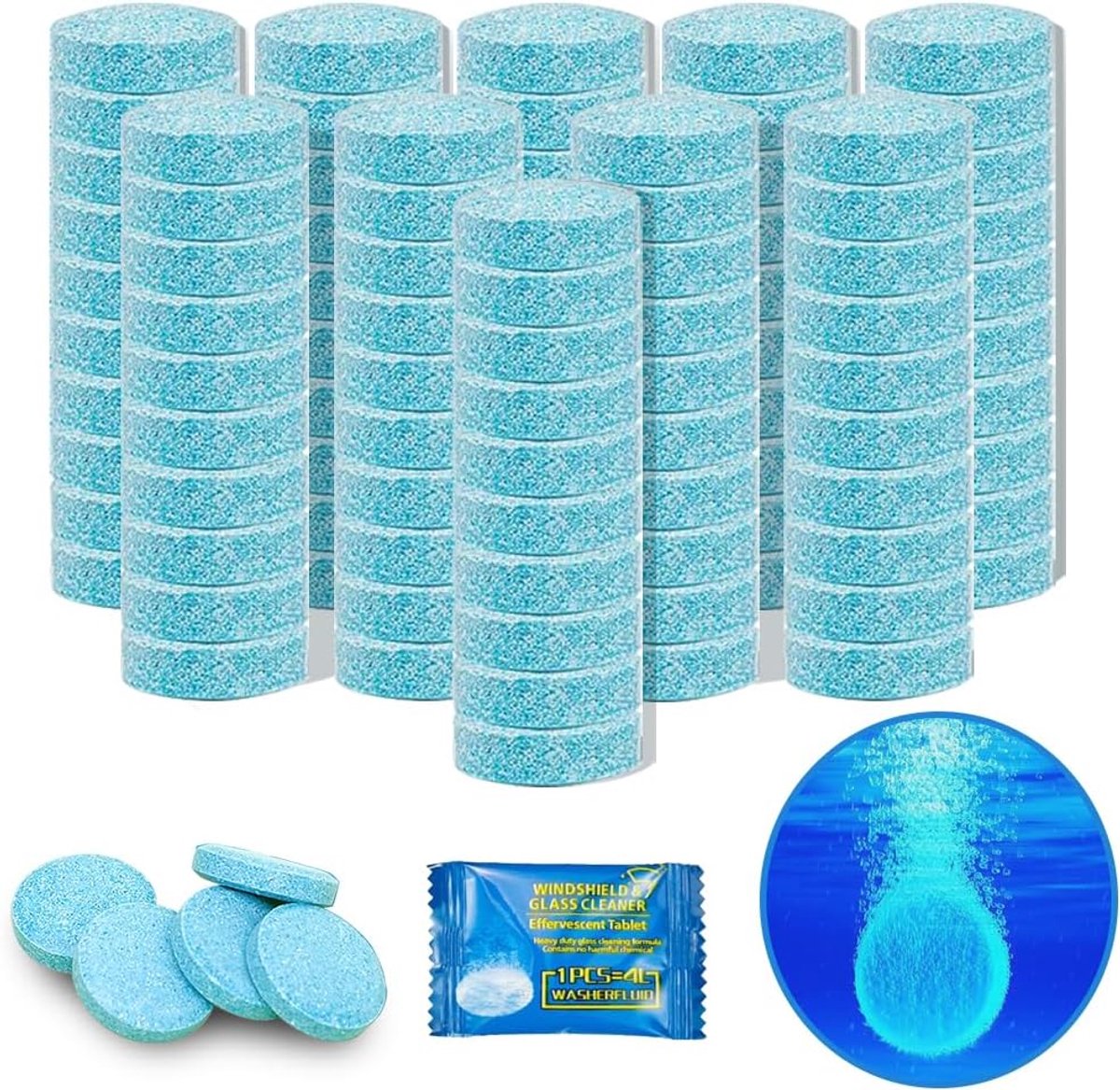 SnelShoppen - 100 stuks Voorruitreiniger Tabs, Multifunctionele Ruitenreiniger Bruistabletten, Concentraat voor Autoruiten, Kasten en Glas, Efficiënt