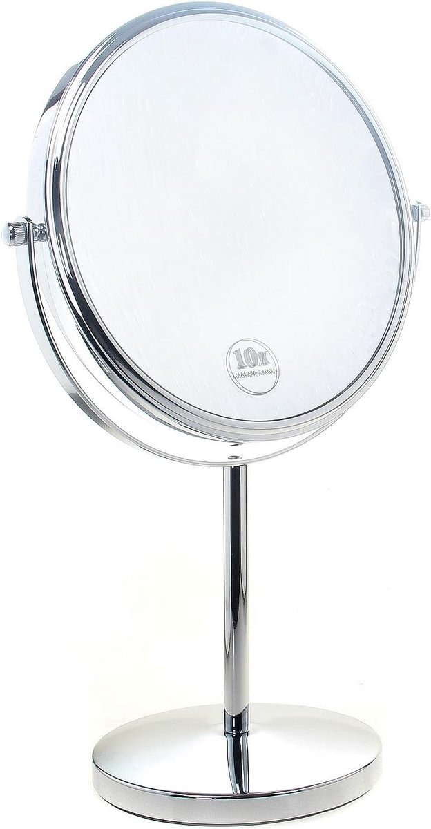 SnelShoppen - Tuka-staande spiegel 10x vergroting, 20 cm cosmetische spiegel, 360° draaibaar, verchroomde make-up spiegel, dubbelzijdig: normaal + 10x