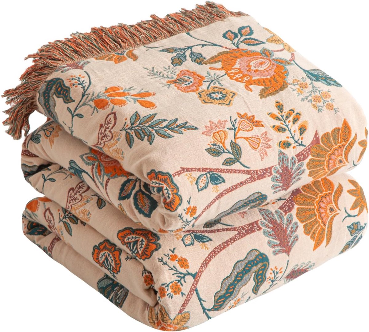SnelShoppen - Boho Deken 100% Katoen Dubbelzijdige Mousseline 150x200 cm Behaaglijke Bankdeken en Bedsprei Oranje/Groen Esthetisch Design voor Woonkam