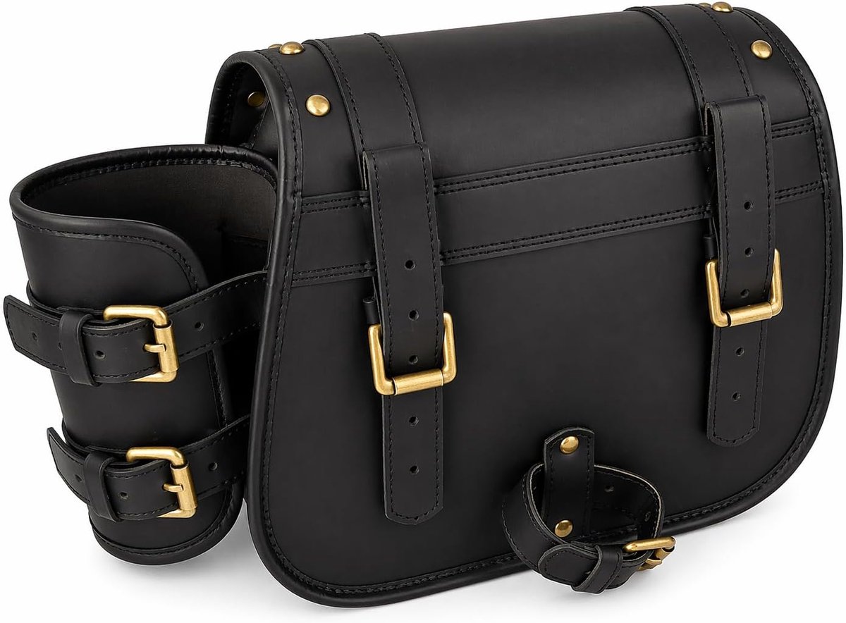 SnelShoppen - Echt Lederen Motorgereedschapstas Bruin - Stuur Sissy Bar Reistas - Fiets Zadeltas Pannier - Rollende Stijl Zadel - Zwart - 4L