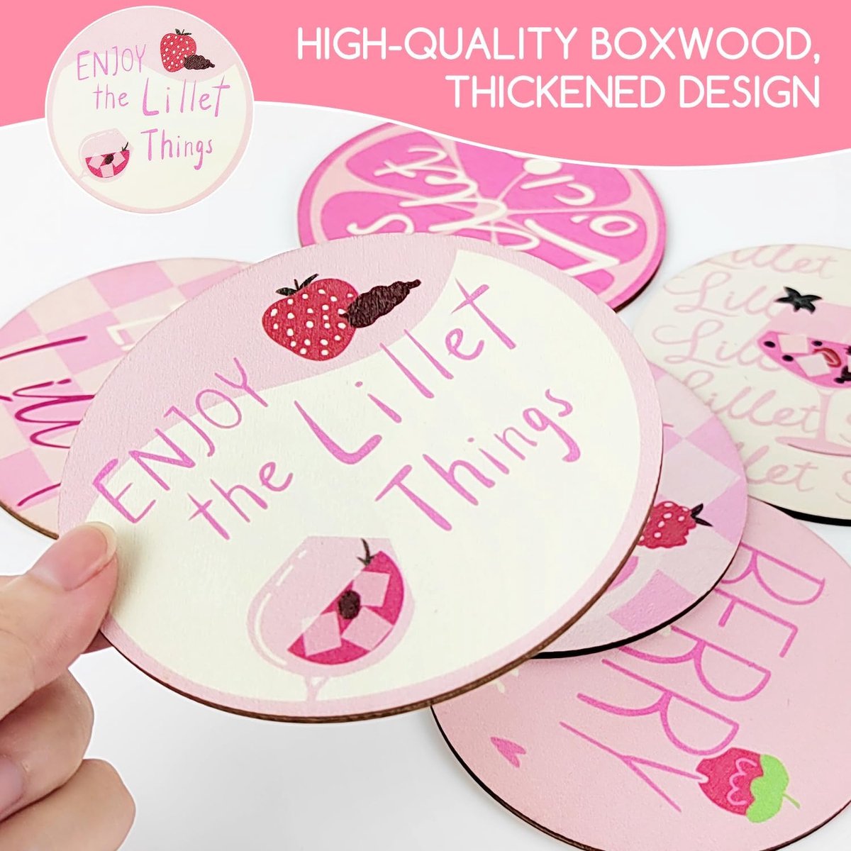 SnelShoppen - Set van 6 Glazen Onderzetters met Grappige Spreuken - Waterdichte Roze Onderzetters voor Feest, Zomer, Tuin en Keuken - 10 x 10 cm