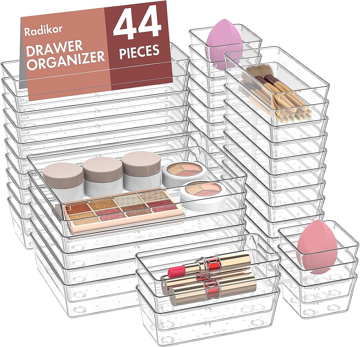 SnelShoppen - Lade-organizerset 44 stuks - Doorzichtige plastic make-up en bureaulade-inzetstukken - 4 maten acryl opbergbakken voor cosmetica, kantoo
