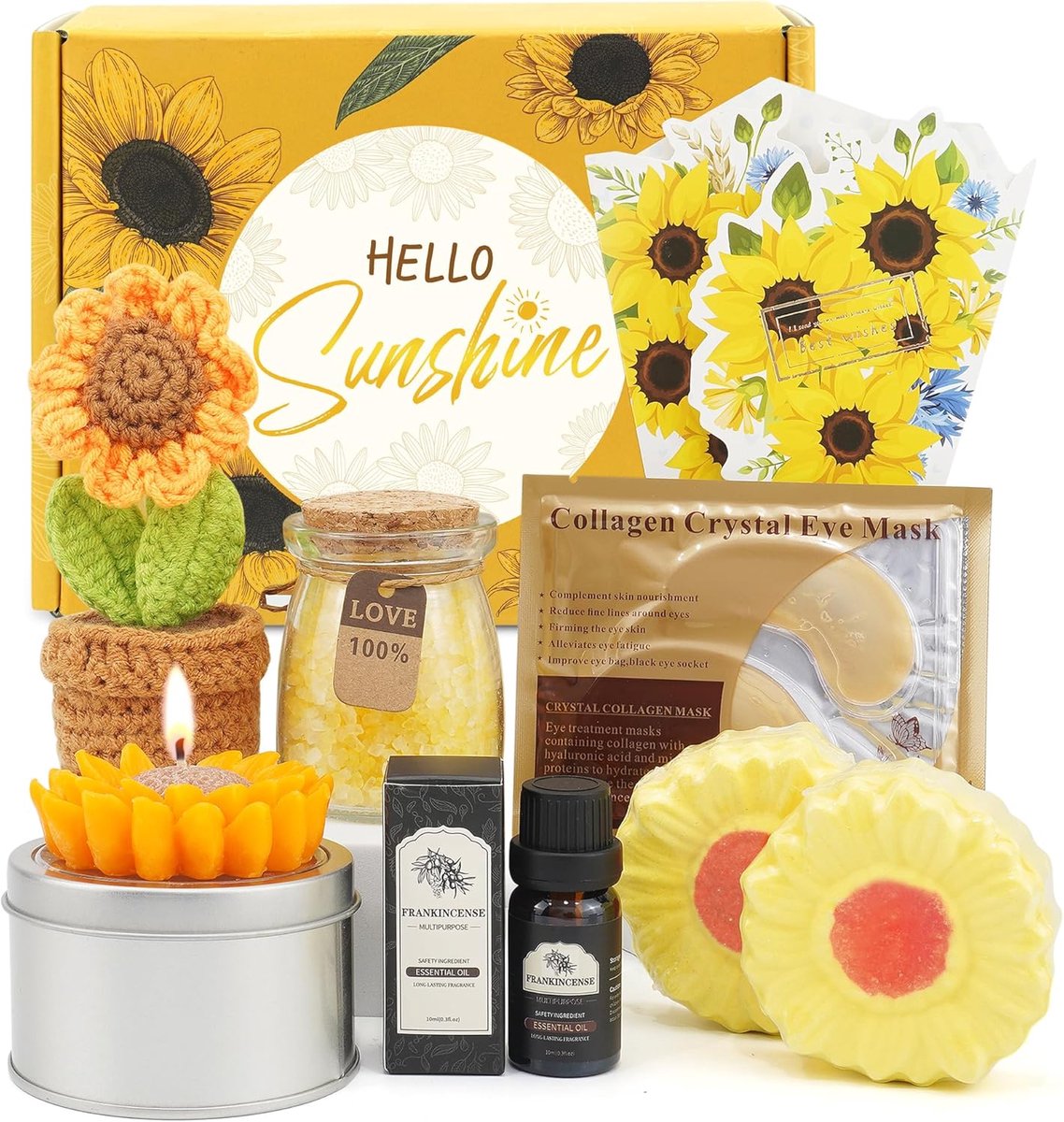 SnelShoppen - 8-delige Wellness Cadeaus voor Vrouwen, Zonnebloemen Geurkaars, Badbommen, Wenskaart, Positieve Energie, Perfect voor Verjaardag, Relaxe