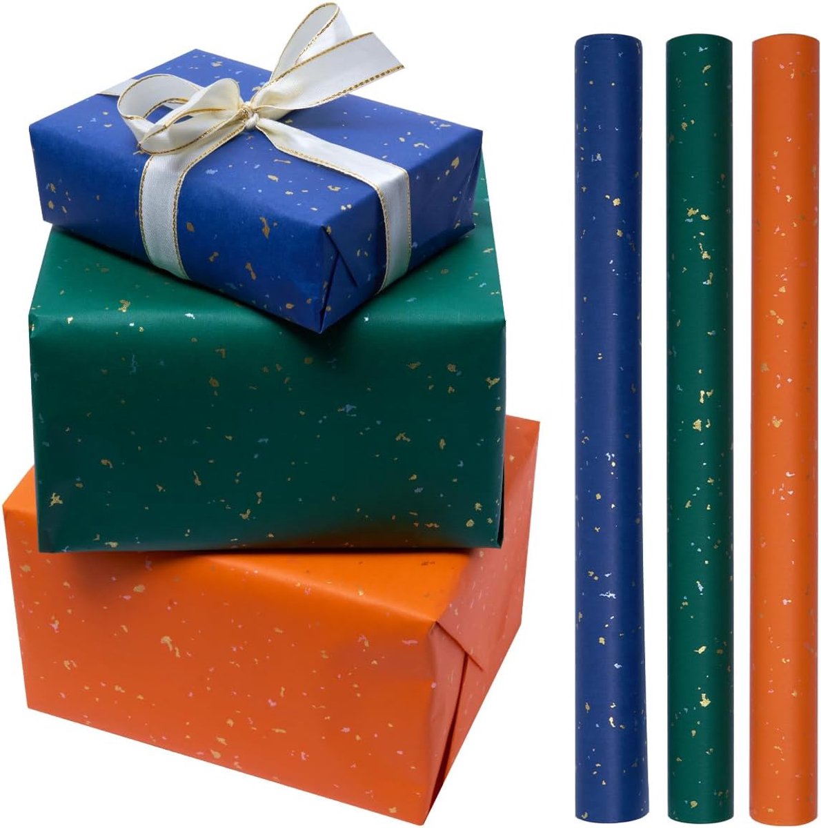 SnelShoppen - 3 Rollen Cadeaupapier 43 cm x 3 m - Blauw-Groen-Oranje - Hoogwaardige Verpakking voor Verjaardagen, Bruiloften, Feesten en Kerstmis