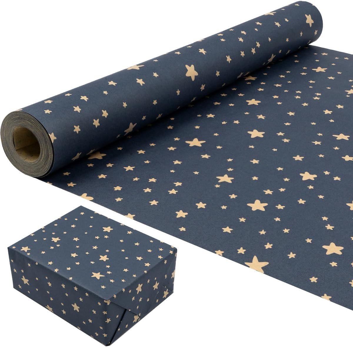 SnelShoppen - Kraft Inpakpapier Rol met Sterrenprint voor Verjaardag, Kerstmis en Feestdagen - Milieuvriendelijk Cadeaupapier, 70cm x 200cm