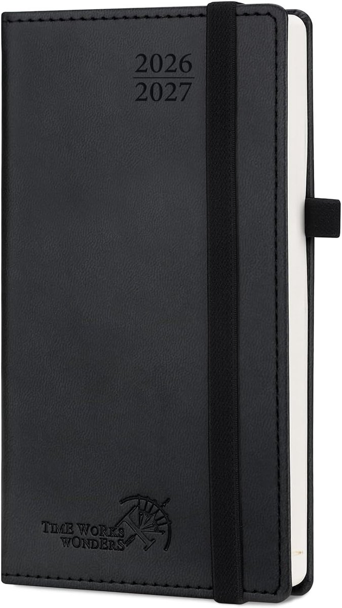 SnelShoppen - Agenda Pocket 2026 2027 Weekplanner 17 Maanden 16,5 x 9 cm Harde PU Lederen Kaft met Uurindeling Zwart - Perfect voor School en Werk