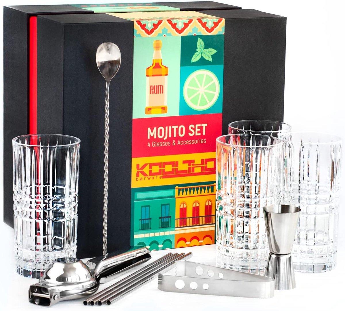 Thijox - Mojito Cocktail Glazen Set 4-Delig in Geschenkdoos - Roestvrij Staal Maatbeker, Lepel, Citroenpers, Rietjes, Ijstang - Perfect voor Feestjes,