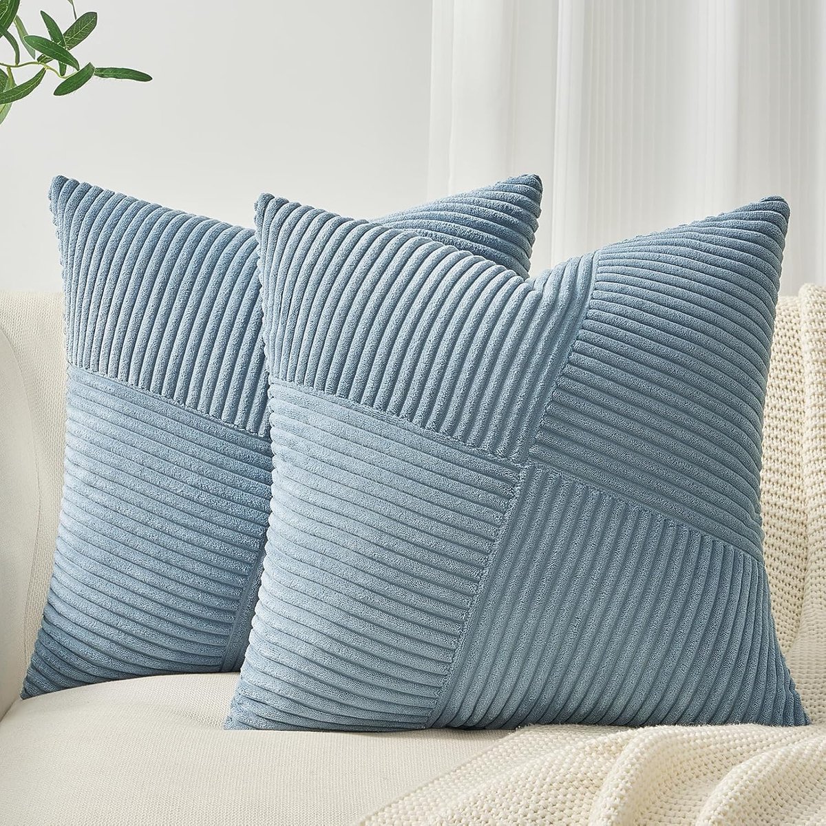 SnelShoppen - Kussensloop Set van 2 - 40x40 cm Grijsblauw Corduroy Fluweel - Windmolen Strepen Patroon - Sierkussen Sofakussen Decoratie voor Woonkame