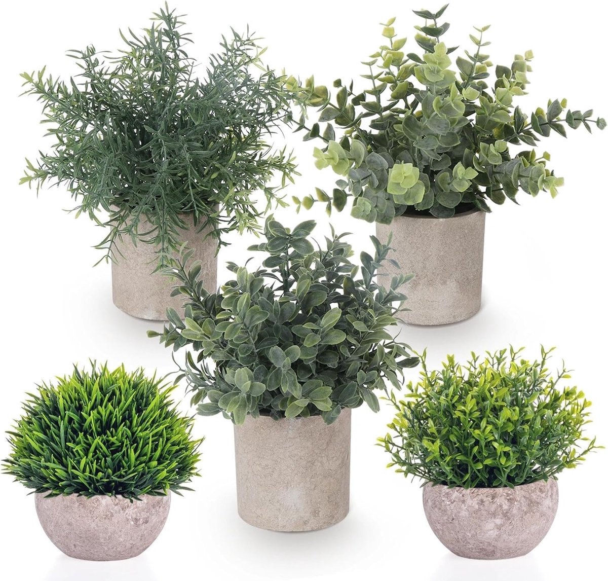SnelShoppen - Set van 5 Mini Kunstplanten in Pot - Nep Eucalyptus & Rozemarijn - Kunststof Grasplanten voor Huis, Kantoor, Balkon, Bureau, Badkamerdec