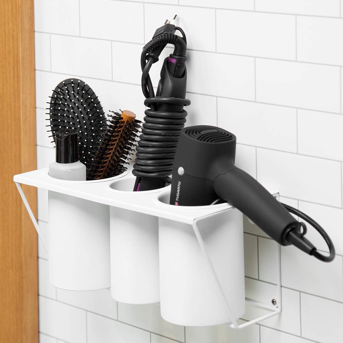 Thijox - Wandmontage Föhn Houder - Badkamer Organizer voor Haarstyling Producten - 3 Afneembare Compartimenten - Staal Wit - Badaccessoires voor Föhn,