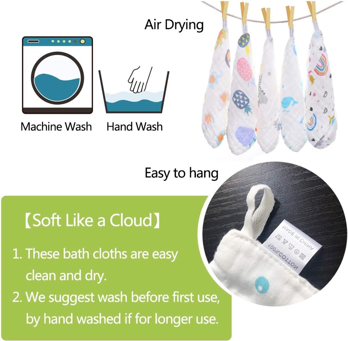 SnelShoppen - Baby Mousseline Washandjes 5-Pack - 100% Biologisch Katoen - Extra Zachte Pasgeboren Doekjes - 6-Lagen Natuurlijke Baby Handdoeken - Her