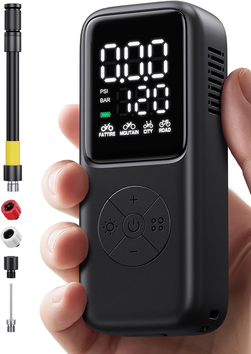 Thijox - Elektrische Mini-Fietspomp 120 psi met Manometer, 5 Modi voor Schrader en Presta Ventielen, Fietsbanden Pomp voor Weg-, Berg- en Stadfietsen,