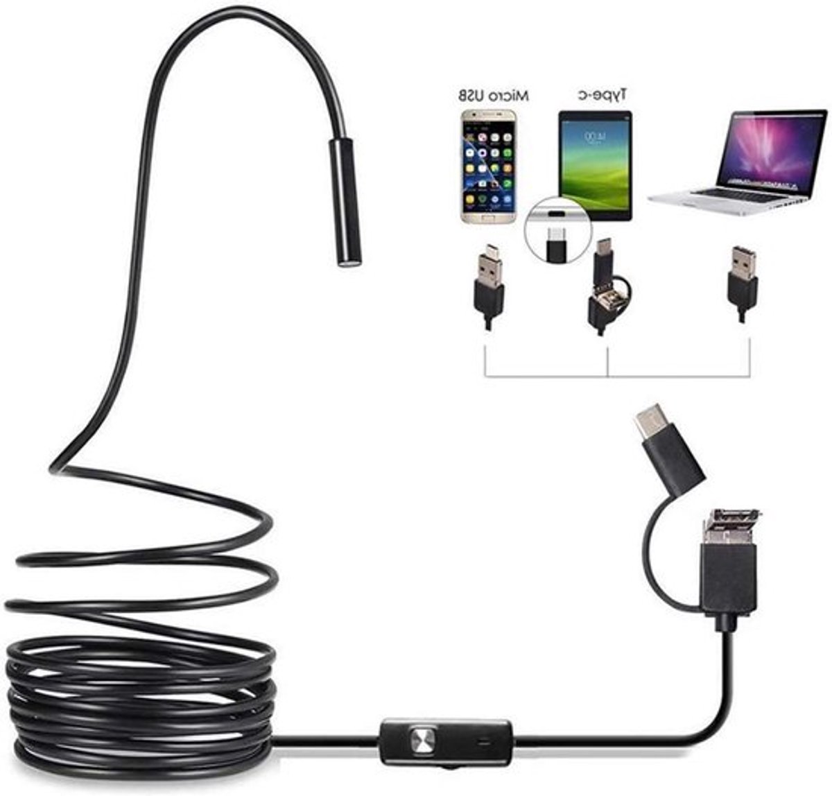 - Waterdichte 7mm Lens Inspectie Camera Endoscoop Borescope met 3-in-1 functie en 6 LEDs - Ondersteunt MicroUSB/Type-C/USB Interface