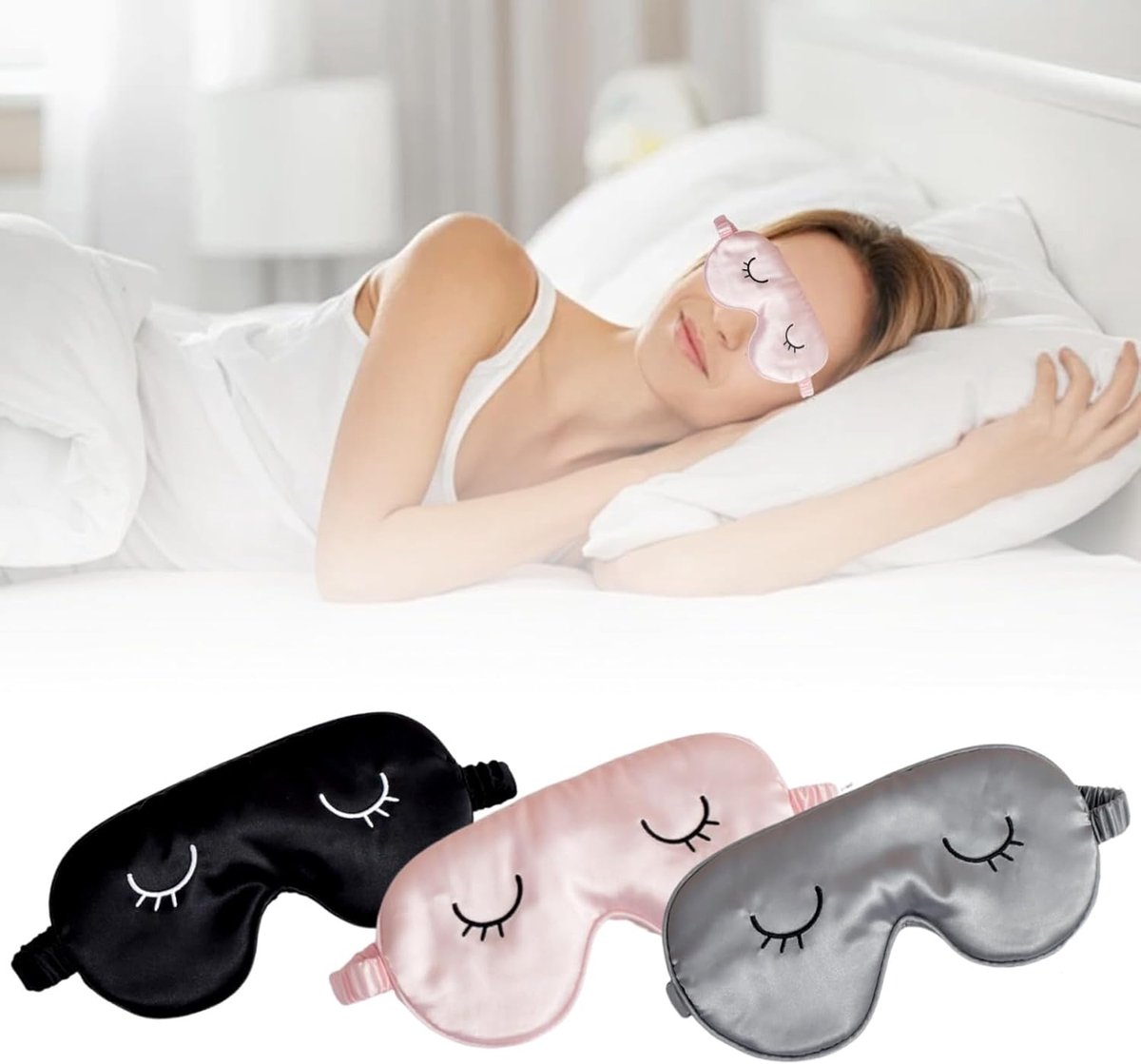 Thijox - 3 Stuks Zijden Slaapmasker - Oogmasker voor Reizen en Thuis - Lichtblokkering - Elastische Band - Ideaal voor Dutjes, Meditatie - Roze, Grijs