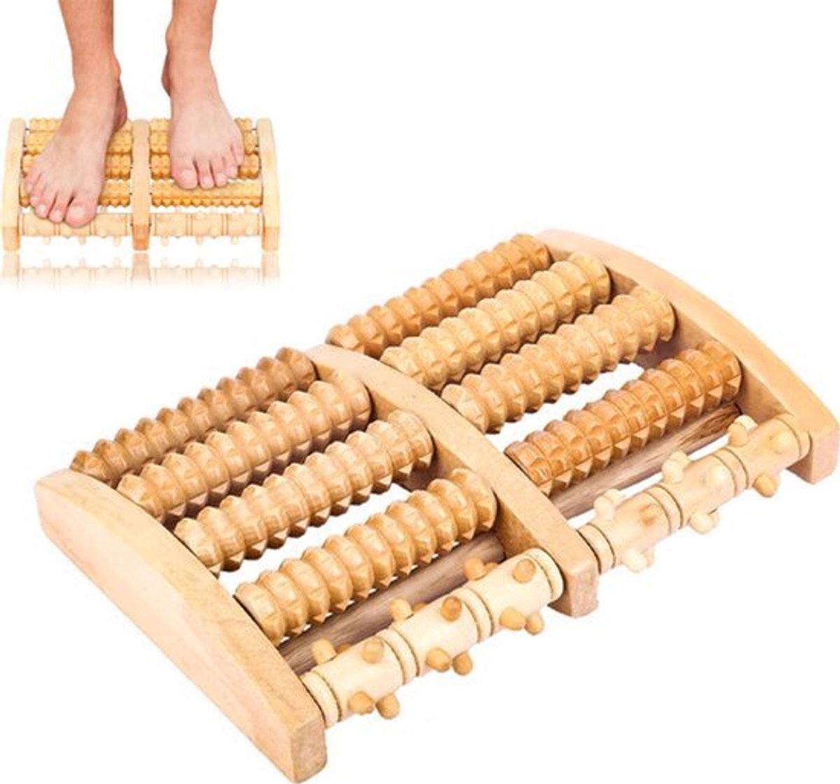 Voetroller met vijf rijen houten kralen - Voetmassage roller - Reflexologietool - hout - voor verlichting van plantaire fasciitis - voor thuis en op kantoor