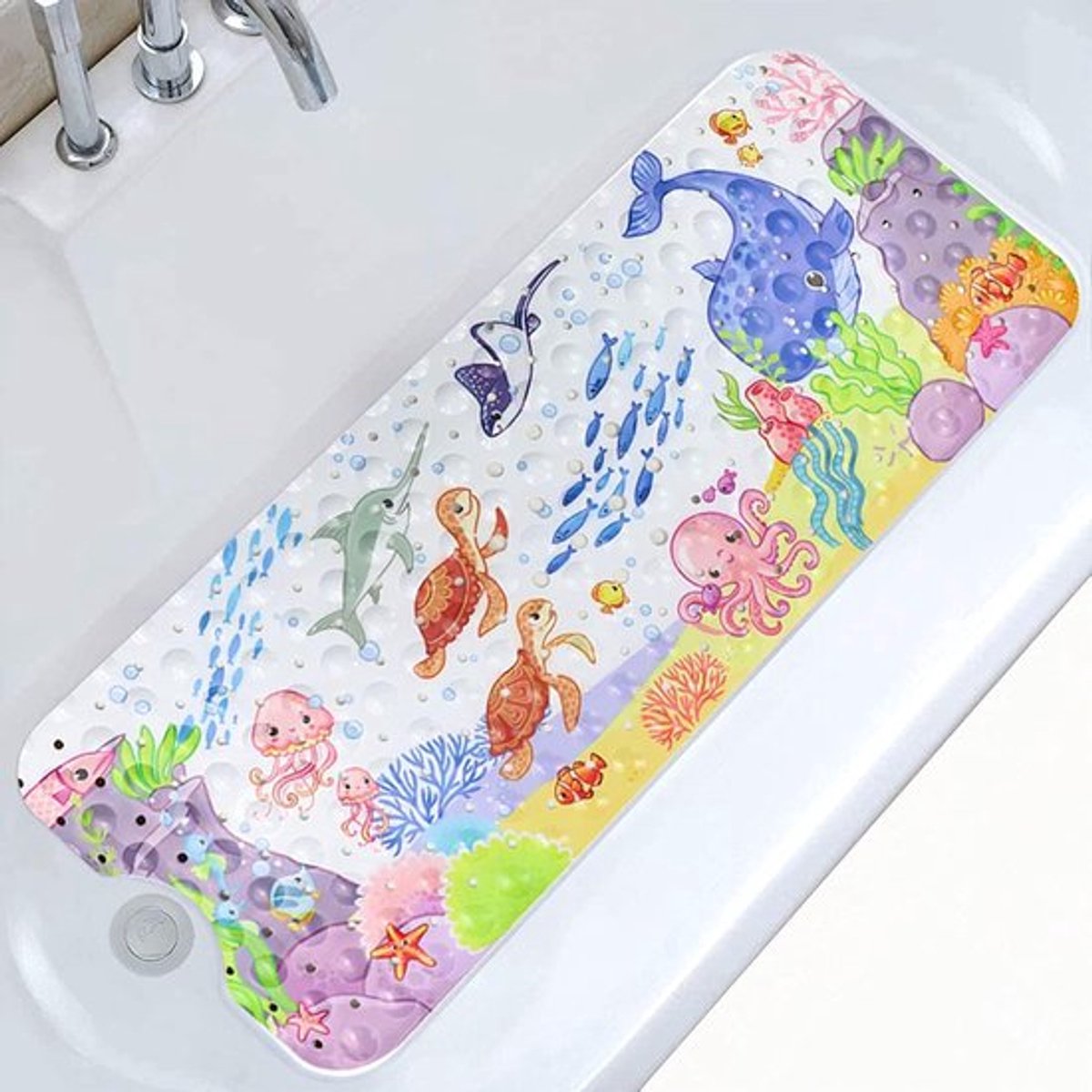 Antislip badmat 100x40cm, antislip badmat met 200 zuignappen van PVC-materiaal, douchemat met cartoon zeedieren voor kinderen en baby's (blauwe vinvis)