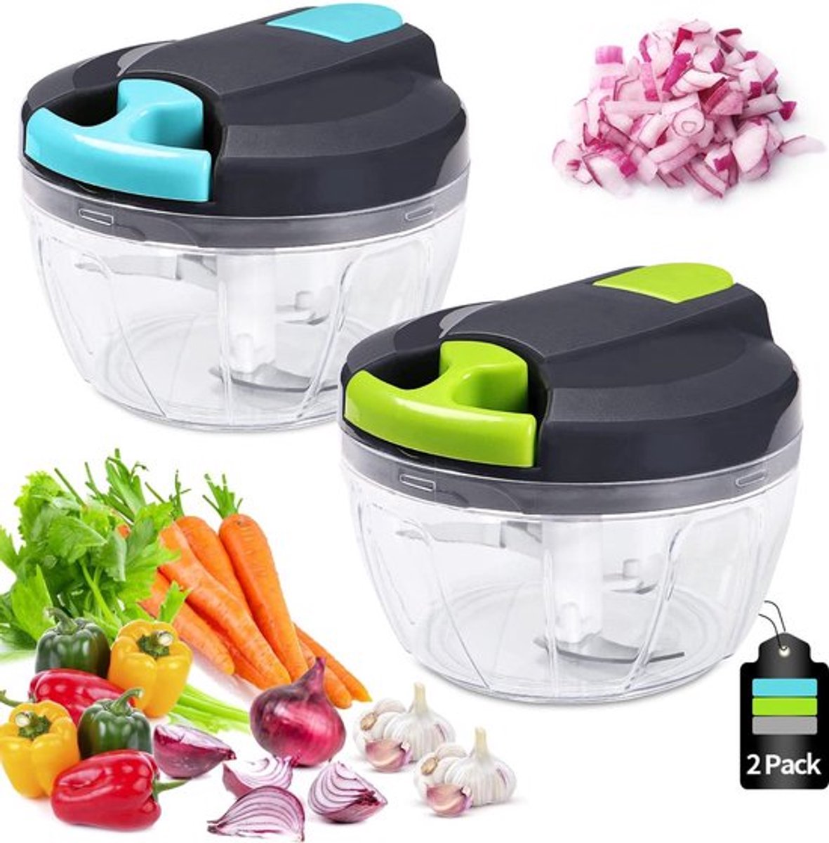 Handmatig hakmolen-520 ml Mini Uienhakker-Uiensnijder Keuken-3 Roestvrijstalen Messen-Groentesnijder-2 stuks