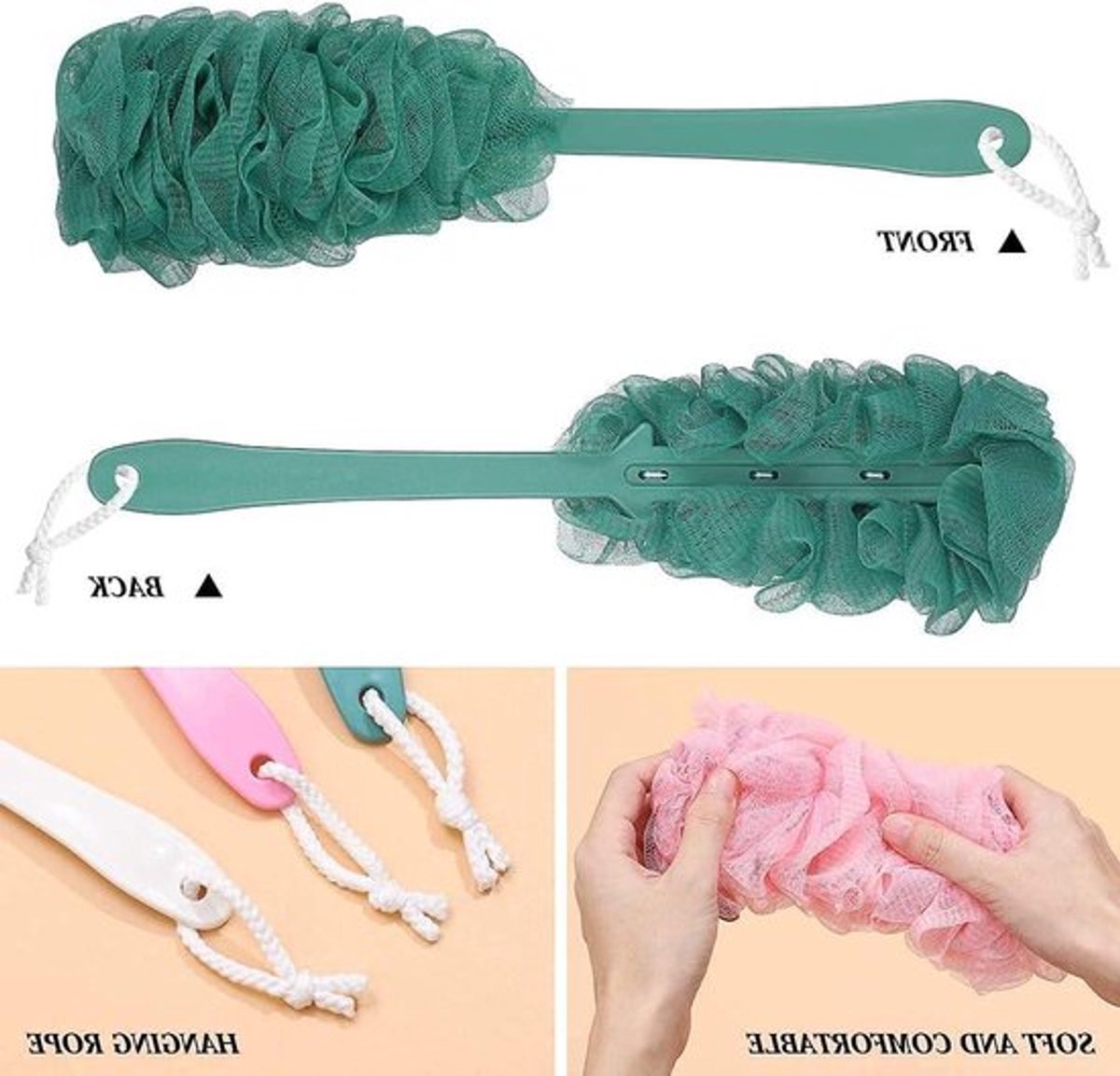 Badborstel met spons en lange handgreep - Mesh badsponsborstel - Badkameraccessoires - Dames en heren - Roze, wit, blauw