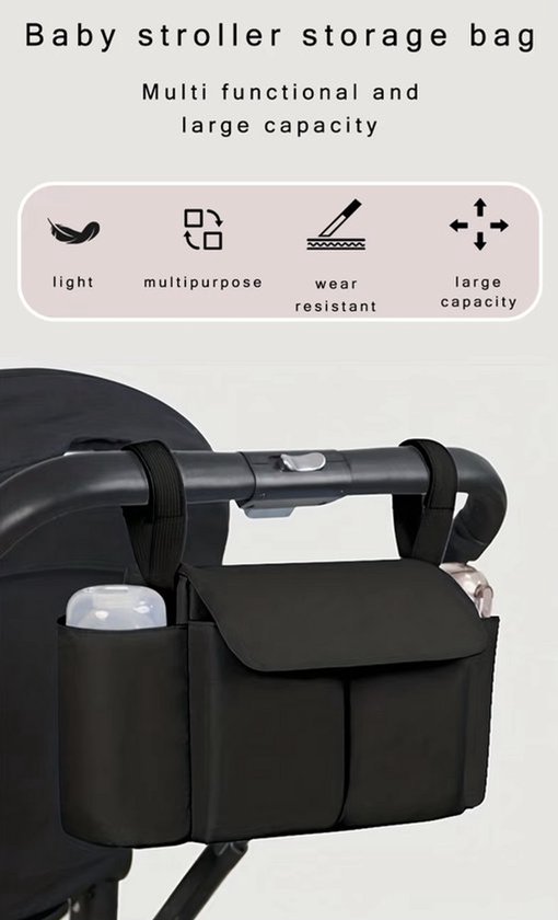 Baby Wandelwagen Organisator - Tas voor Buggy - Baby Wandelwagen Accessoires - Bekerhouder - Kinderwagen Organizer - Kinderwagen Luiertas - Flessenhouder - Praktische Kinderwagen Tas - Kinderwagen Opbergtas met Vakken - Zwart van Jollein — afbeelding 2