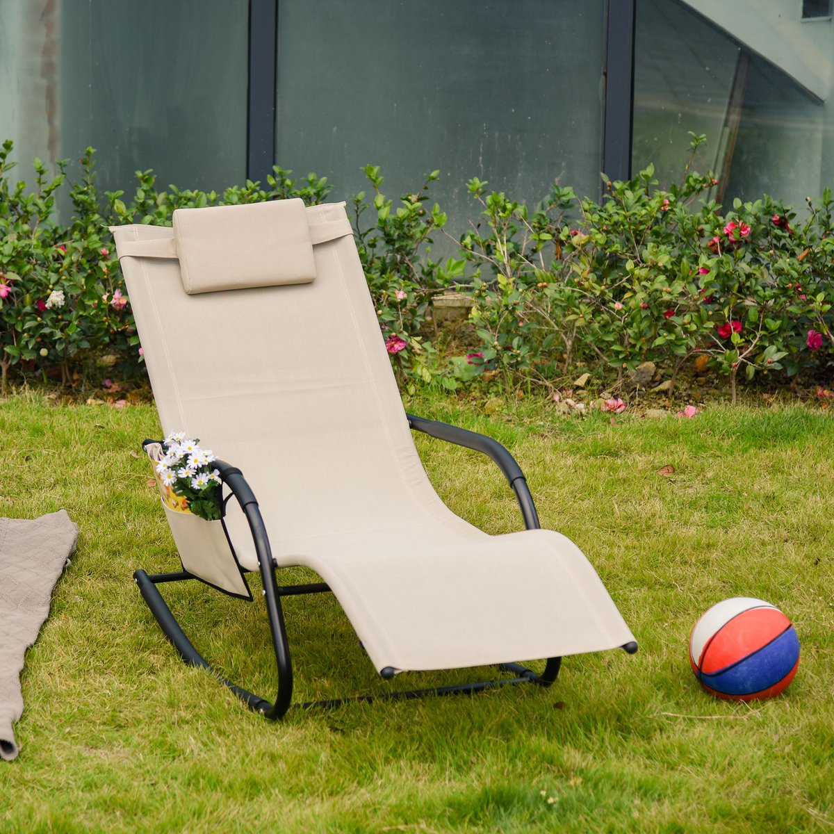 FloraGrace Schommelstoel 150 x 62 x 88 cm - 1-Zits Ligstoel Met Afneembaar Kussen En Zijtas - Voor Tuin En Terras - Metaal En Stof - Beige