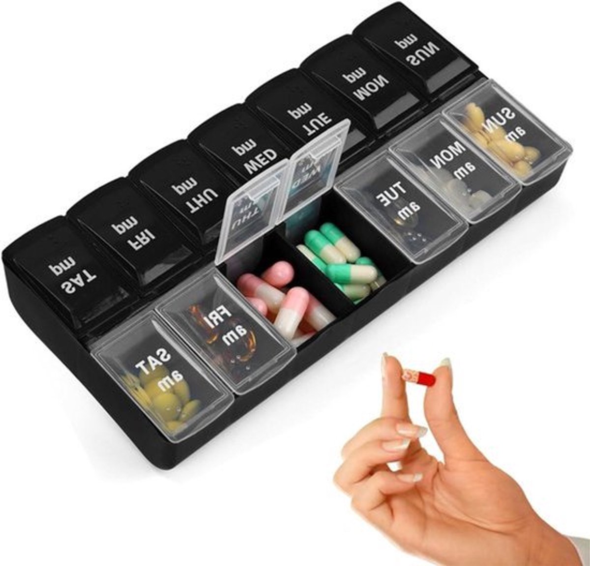 7-daagse tablettenbox met verbeterd open design - handige pillendoos voor 's ochtends en 's avonds - BPA-vrij - draagbaar voor medicijnen, vitaminen, visolie en voedingssupplementen