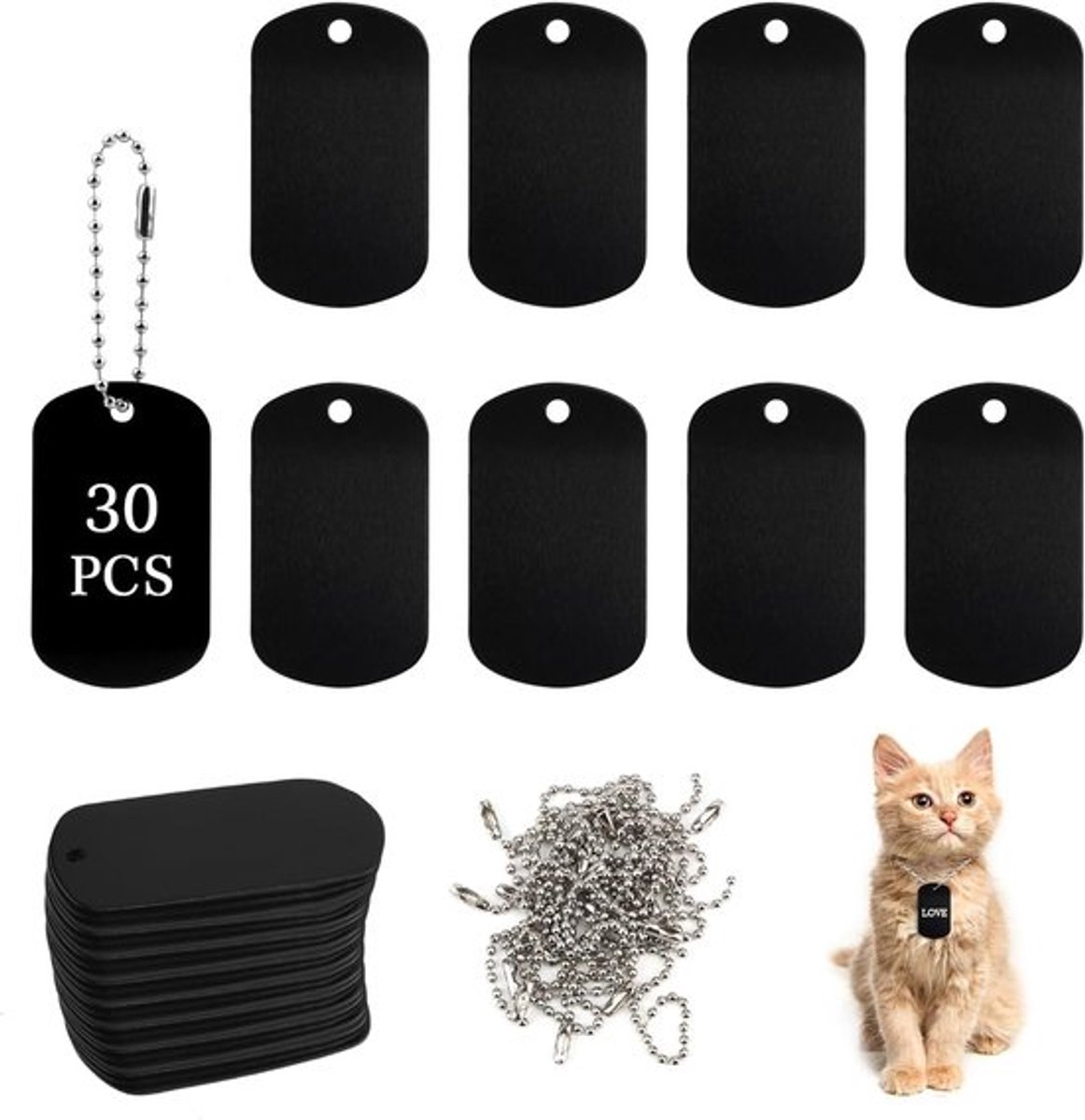 30 stuks geperforeerde lege aluminium honden-ID-tags, onbewerkte sleutelkettingen, zwarte honden-ID-tags, aluminium huisdieren-ID-tags met ketting voor honden, honden-ID-tag, honden-ID-tag,