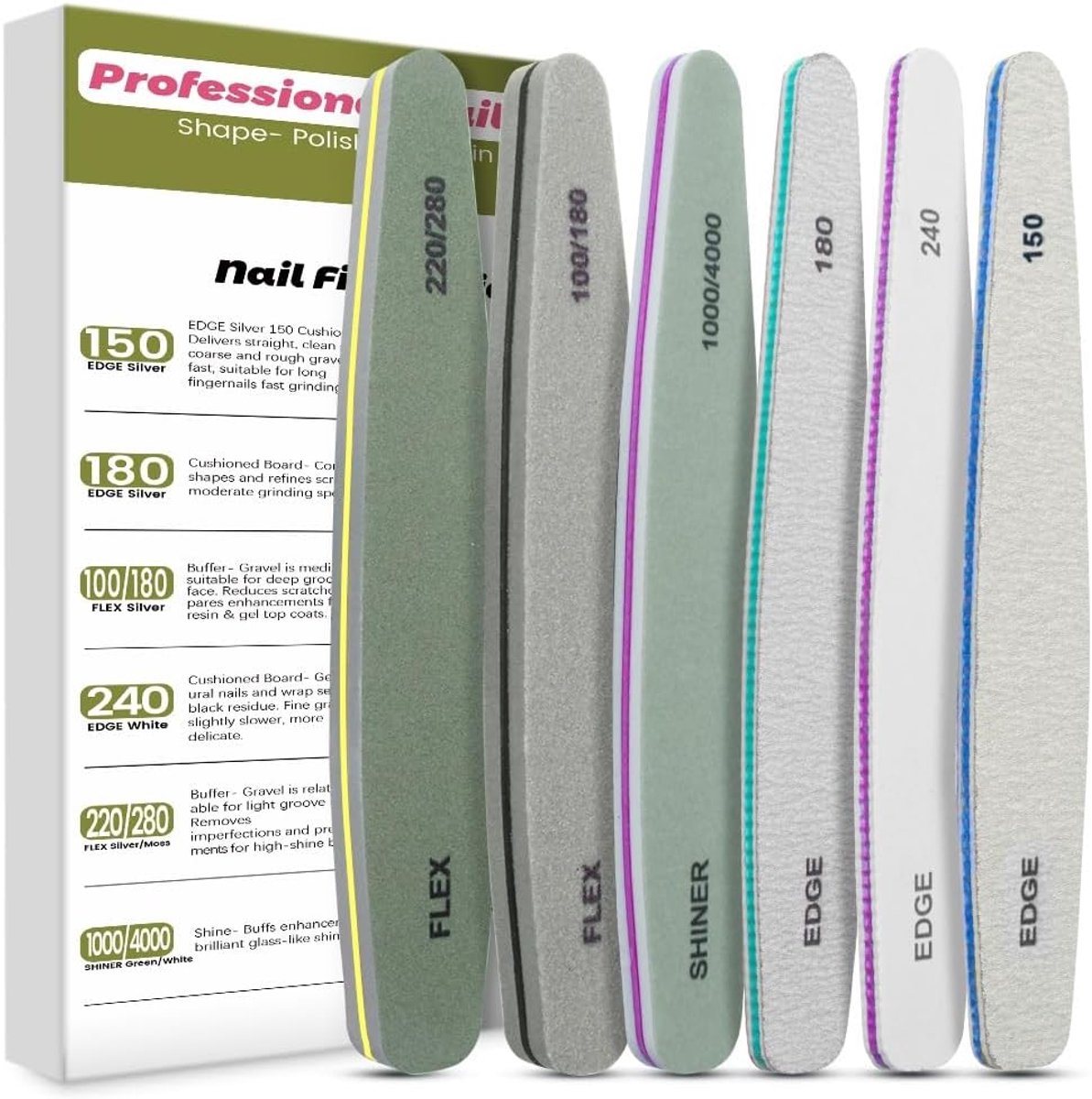 SnelShoppen - Professionele Nagelvijlen Set Dubbelzijdig 100/150/180/220/240/280/1000/4000 Korrel voor Manicure, Nagelverzorging, Pedicure, EVC Materi
