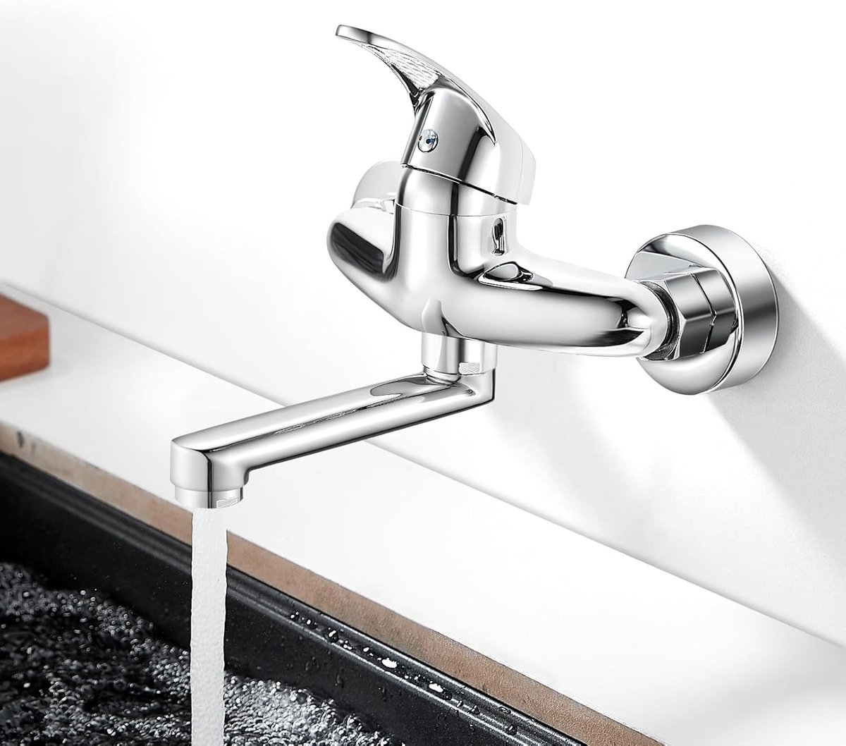 SnelShoppen - Wandkraan Keuken, 360° Draaiende Mengkraan, Enkelhandige Wandkraan, Chroom, Voor Warm en Koud Water, 150 mm, Hoogwaardige Loodvrije Mess