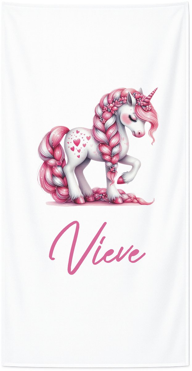 Strandlaken met naam kind 70x140 cm - Badhanddoek badstof - Gepersonaliseerd – Eenhoorn roze – Livingstickers - Wit