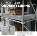 Stevige basis ondersteuning met bakstenen, cementzakken en steigeronderdelen.