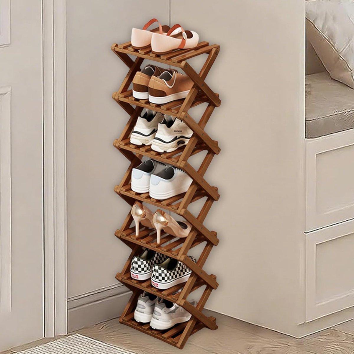 SnelShoppen - Vouwbare Schoenenrek voor Kleine Ruimtes met 7 Niveaus, Houten Schoenhouder voor Smalle Hoeken, Geen Installatie Nodig, Bruin voor Hal,