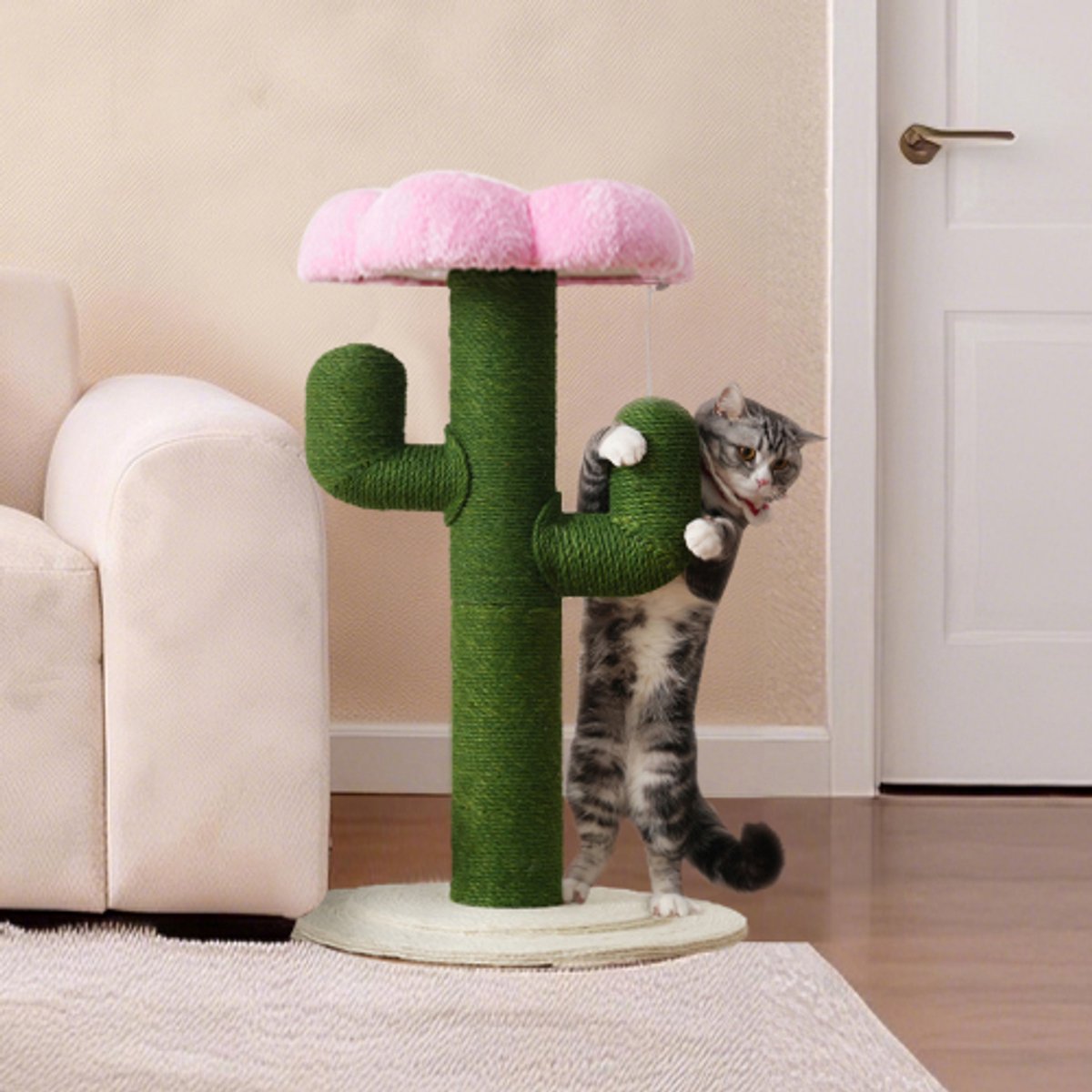 Cactusvormige krabpaal – 90 cm hoge krabpaal met verdikte sisalpalen en anti-kantelmechanisme, groen design, krabpaal voor katten, kattentoren, krabpaal voor binnen, kleine kattentoren
