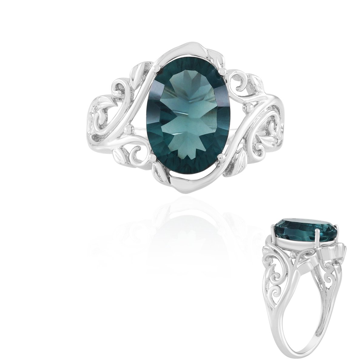 Cavill - 925 Sterling Zilveren Ring met 5,7 Ct Petrolkleurige Fluoriet - Ovale Concave Cut - Elegante Blauwe Groene Edelsteen Ring